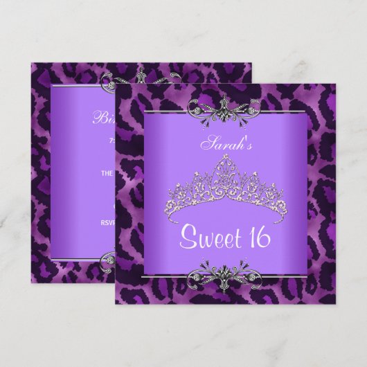 Invitation Couronne argentée léopard violet pour 16 ans (Devant / Derrière)