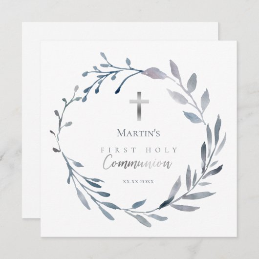 Invitation couronne bleu poussiéreux Première communion (Devant / Derrière)