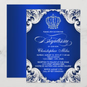 Invitation Couronne Bleu Royal Baptême Garçon (Devant / Derrière)
