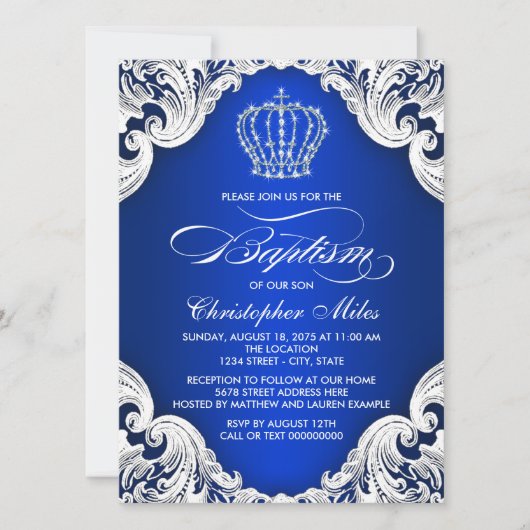 Invitation Couronne Bleu Royal Baptême Garçon (Devant)