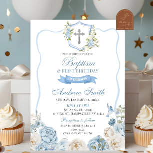Invitation Couronne bleue et baptême floral & Premier anniver