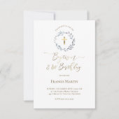 Invitation couronne bleue poussiéreuse | Baptême et 1er anniv (Devant)