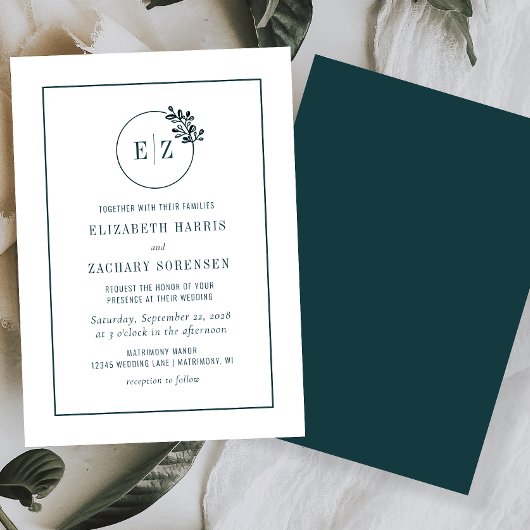 Invitation Couronne botanique monogramme vert émeraude pour m
