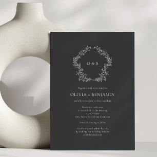Invitation Couronne botanique noire douce Monogramme Mariage