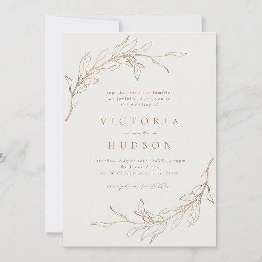 Invitation Couronne botanique simple or mariage rustique (Devant)