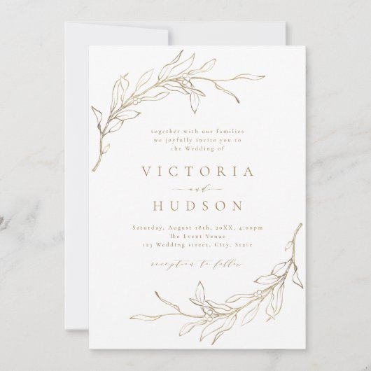 Invitation Couronne botanique simple or mariage rustique (Devant)