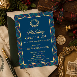 Invitation Couronne classique bleu carreau de Noël Maison ouv