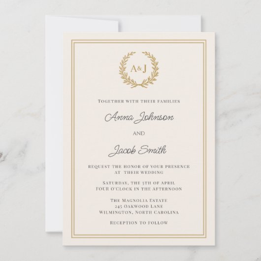 Invitation Couronne classique Monogram Laurel avec Mariage ph (Devant)