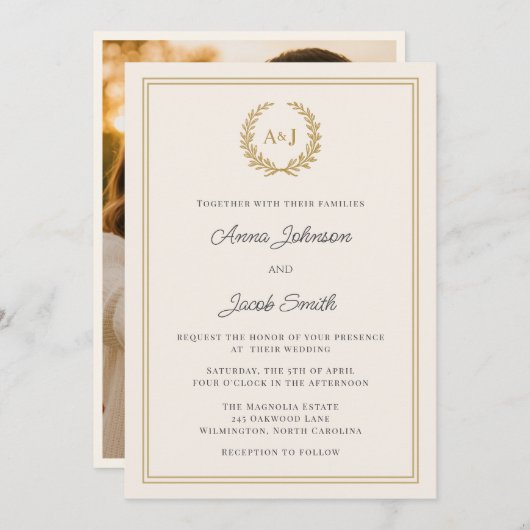 Invitation Couronne classique Monogram Laurel avec Mariage ph (Devant / Derrière)