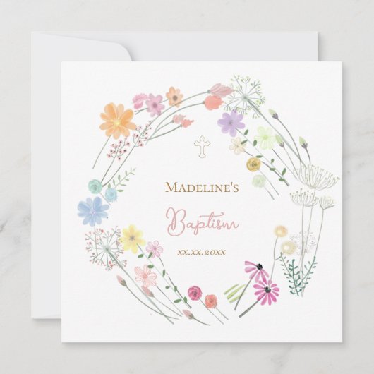 Invitation Couronne colorée de fleurs sauvages pour baptême (Devant)