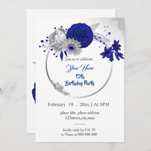 Invitation couronne d'argent bleu royal (Devant / Derrière)