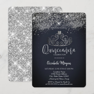Invitation Couronne d'argent Confettis Quinceañera bleu foncé