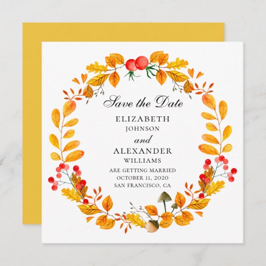 Invitation Couronne d'automne jaune. Mariage de automne enreg (Devant / Derrière)