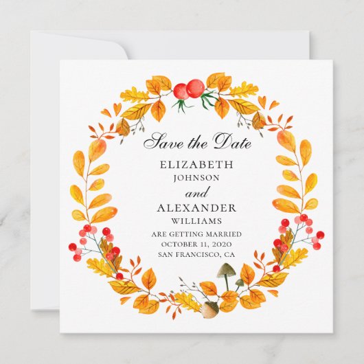 Invitation Couronne d'automne jaune. Mariage de automne enreg (Devant)