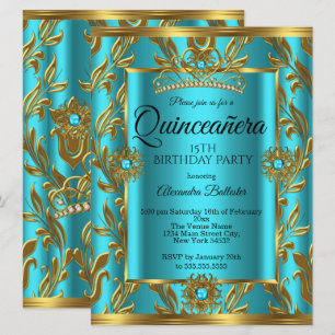 Invitation Couronne de 15 ans Quinceanera Bleu Sarcelle Or 2