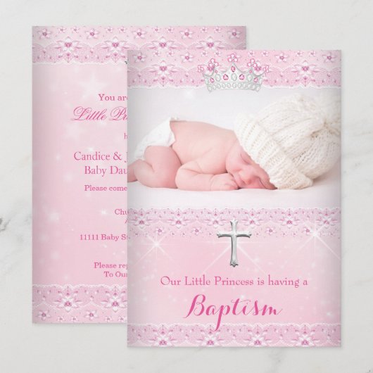 Invitation Couronne de baptême bébé fille rose (Devant / Derrière)