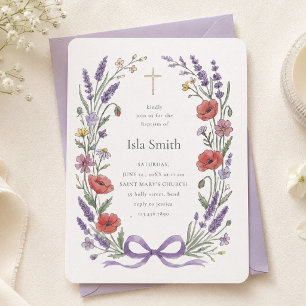 Invitation Couronne de baptême florale lavande élégante