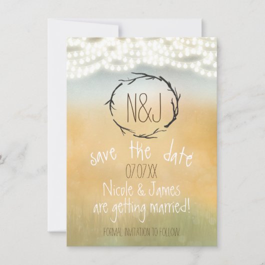 Invitation Couronne de bâtons rustiques et lumières de chaîne (Devant)