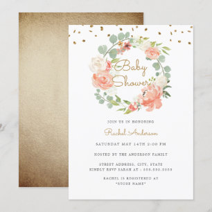 Invitation Couronne de bébé en or et pêche scintillante Baby