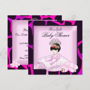 Invitation Couronne de bébé fille rose chaud noir