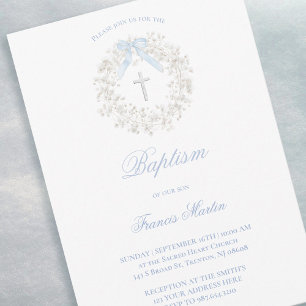 Invitation couronne de bébé fleurs souffle de bébé bleu paste