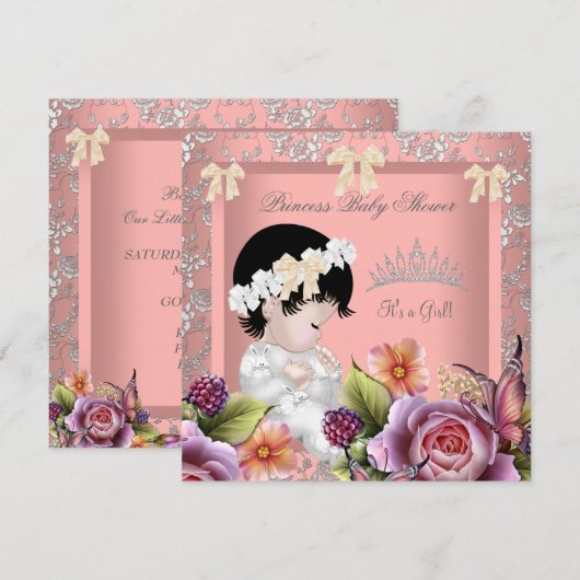 Invitation Couronne de bébé princesse fille rose corail (Devant / Derrière)