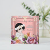 Invitation Couronne de bébé princesse fille rose corail (Debout devant)