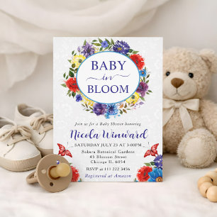 Invitation Couronne de bébé Shower Fleur d'Eau Rouge et Bleu