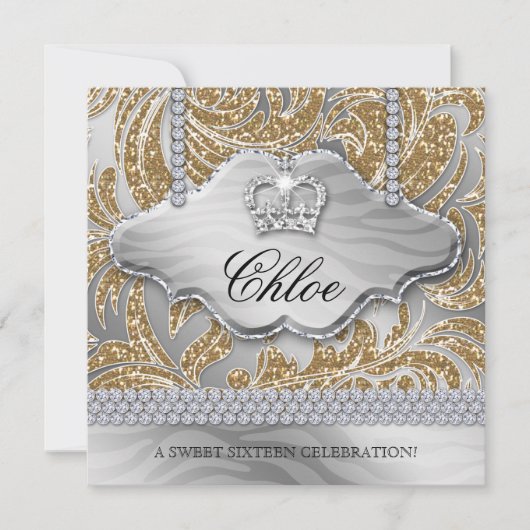 Invitation Couronne de bijoux dorés pour fête Sweet 16 (Devant)