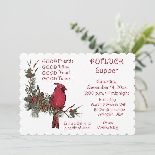 Invitation Couronne de Cardinal Rouge Souper de Noël à potluc (Debout devant)