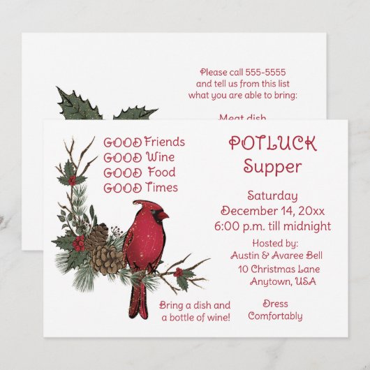 Invitation Couronne de Cardinal Rouge Souper de Noël à potluc (Devant / Derrière)