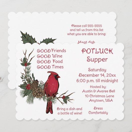 Invitation Couronne de Cardinal Rouge Souper de Noël Pot Luck (Devant / Derrière)