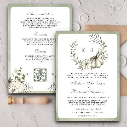 Invitation Couronne de citrouille verte sauge Code QR Mariage