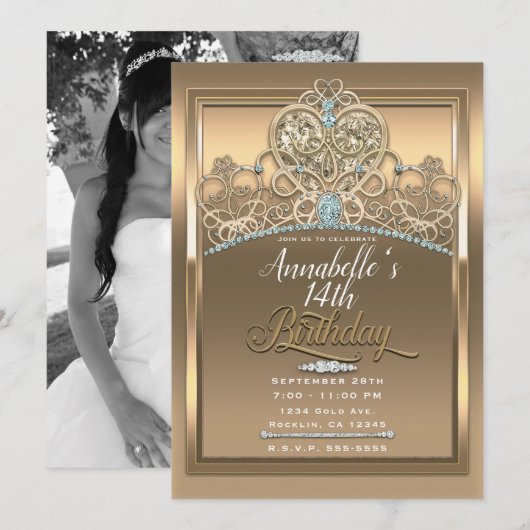 Invitation Couronne de cœur de princesse Glam Gold pour anniv (Devant / Derrière)