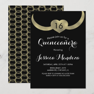 Invitation Couronne de cœur Quinceañera Sweet 16 feuille d'or