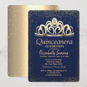 Invitation Couronne de confettis dorés Quinceañera bleu marin