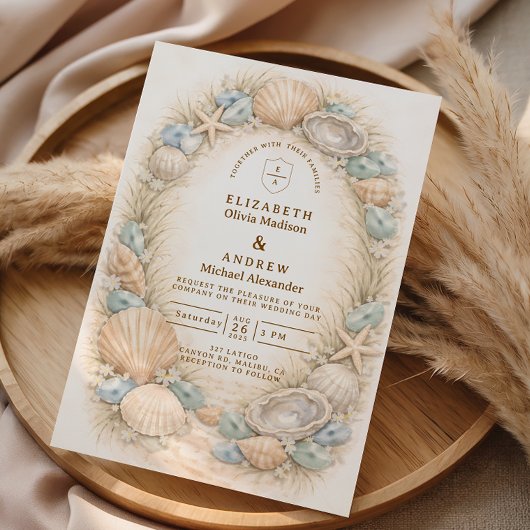 Invitation Couronne de coquillages de mariage côtier