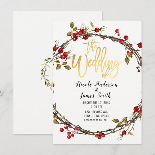 Invitation Couronne de cranberries Rustic Woods pour mariage (Devant / Derrière)