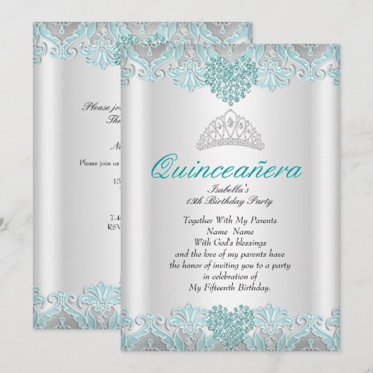 Invitation Couronne de dentelle cœurs bleu sarcelle pour fête (Devant / Derrière)