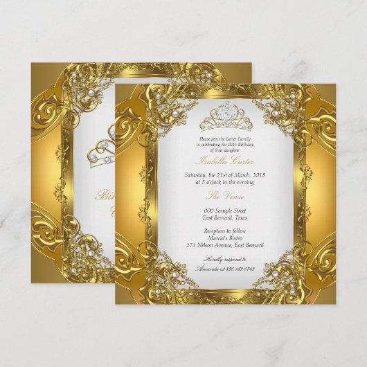 Invitation Couronne de dentelle de perle blanche dorée élite (Devant / Derrière)