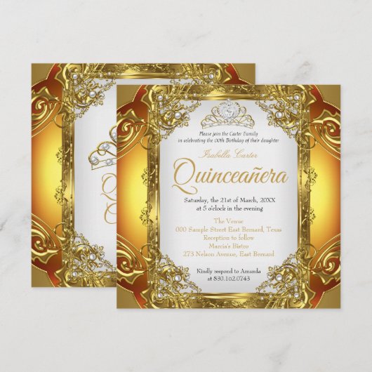 Invitation Couronne de dentelle perle blanche dorée pour Quin (Devant / Derrière)