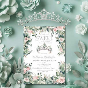 Invitation Couronne de Diadème Fleurs Rose Vert Sauge Argent
