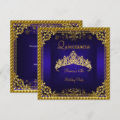 Invitation Couronne de diamants dorés bleu profond pour Quinc (Devant / Derrière)