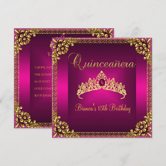 Invitation Couronne de diamants dorés rose pour anniversaire (Devant / Derrière)