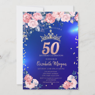 Invitation Couronne de diamants Fleurs Bleues 50 ans Annivers