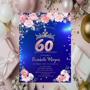 Invitation Couronne de diamants Fleurs Bleues 60 ans Annivers
