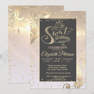 Invitation Couronne de diamants sucrés or 17 ans d'anniversai