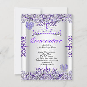 Invitation Couronne de Fête Quinceanera Violet Joli Coeurs