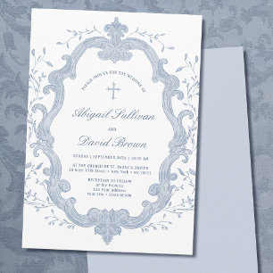 Invitation Couronne de feuillage bleu élégant Mariage religie
