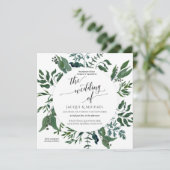 Invitation Couronne de feuillage de forêt aquarelle de mariag (Debout devant)